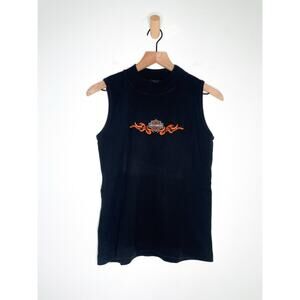 Harley Davidson Black Embroidered Mockneck Top Medium Sleeveless Biker Shirt
